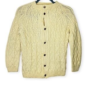 Vintage Aran Style  Fisherman Rustic Cable Knit Wool Button Down Cardigan